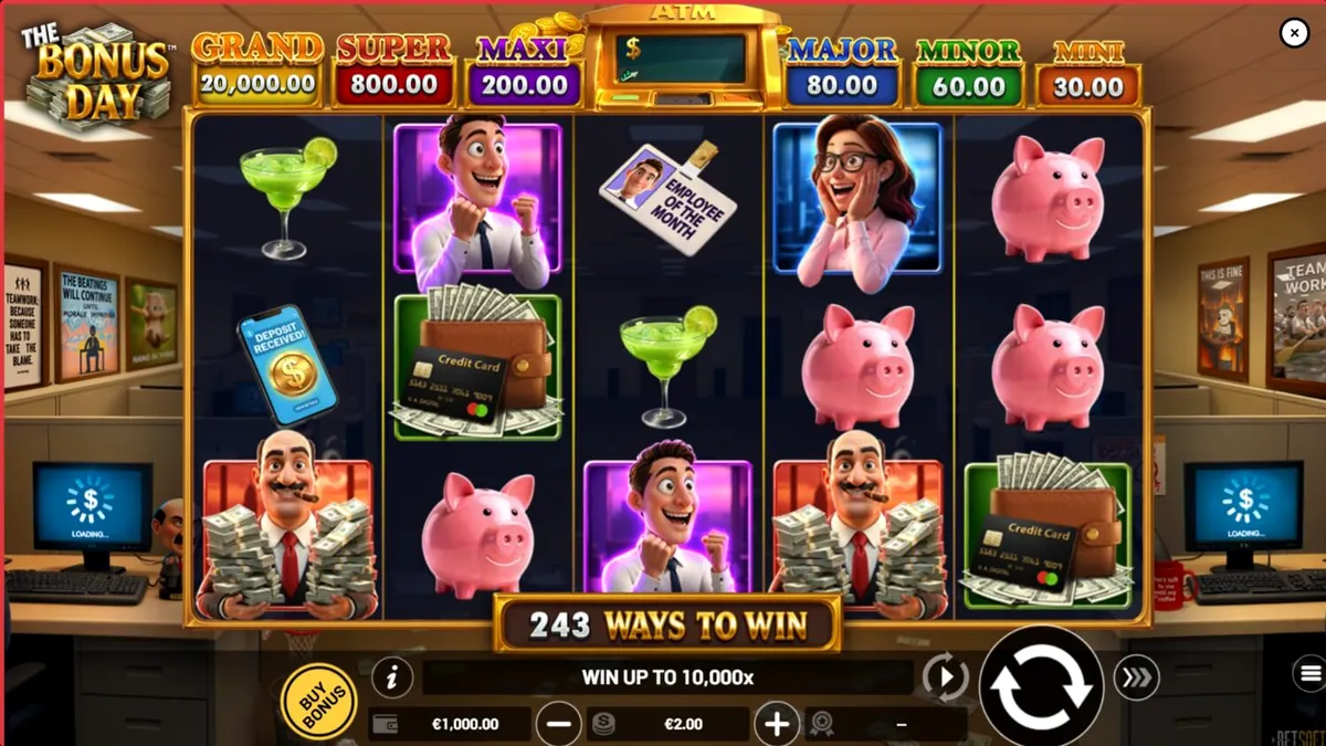 Tampilan visual slot The Bonus Day dengan tema kantor yang penuh dengan simbol-simbol korporat dan suasana ruang kerja.