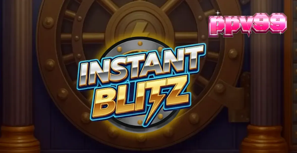 Tampilan visual slot Instant Blitz dengan tema brankas neon dan simbol-simbol modern.